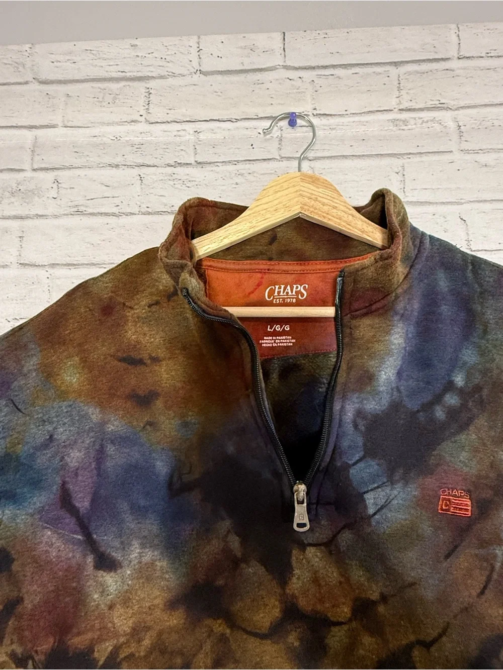 Upcycled Ice Dye Men’s Fleece Pullover, Chaps Brand, Reverse Tie Dye, Large Blue